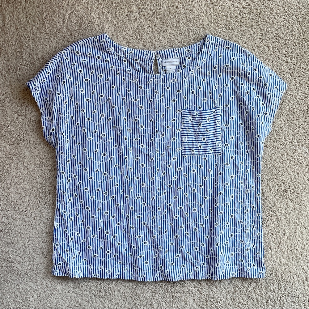 Liz Claiborne Stripe Eyelet Top Large Blue White Cut-Out Seersucker Embroidery - Picture 5 of 9
